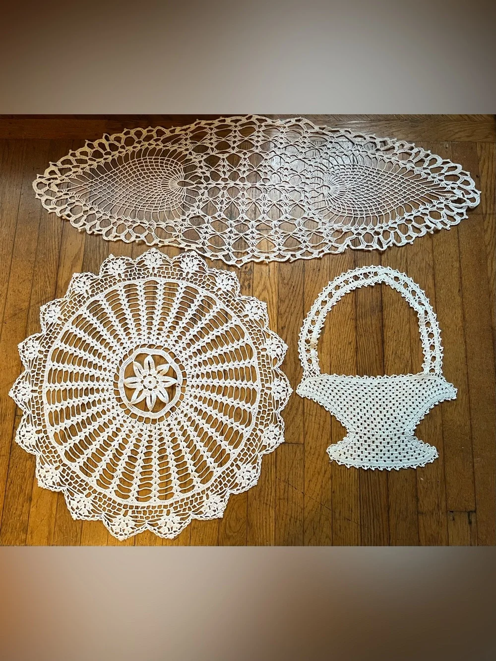 Set of three unique Vintage Handmade White Crochet Doilies Set